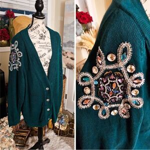VTG Alexa Grace Sequins Embellished Shoulder Detail Cardigan. Sz XL